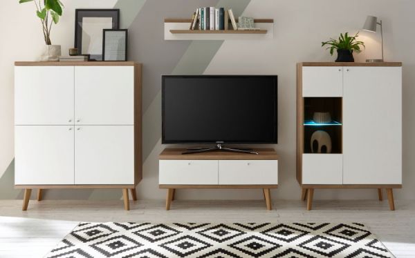 Wohnwand Helge in wei� und Eiche Riviera Schrankwand skandinavisch 4-teilig 324 x 160 cm