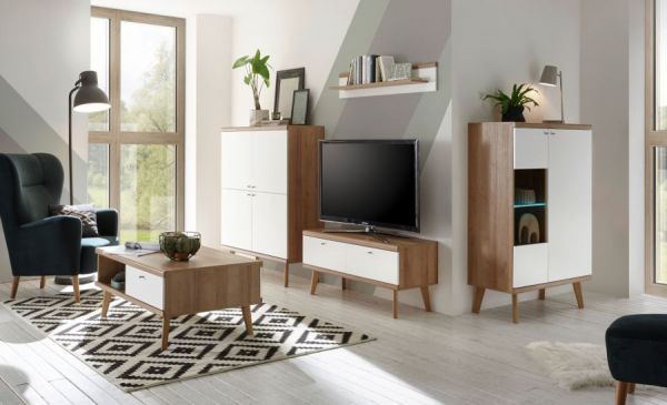 Wohnwand Helge in wei� und Eiche Riviera Schrankwand skandinavisch 4-teilig 324 x 160 cm