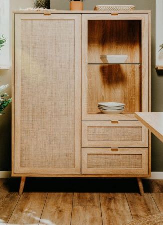 Highboard Niran in Sonoma Eiche mit Bast - Dekor Kommode skandinavisch 102 x 139 cm