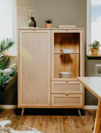 Highboard Niran in Sonoma Eiche mit Bast - Dekor Kommode skandinavisch 102 x 139 cm