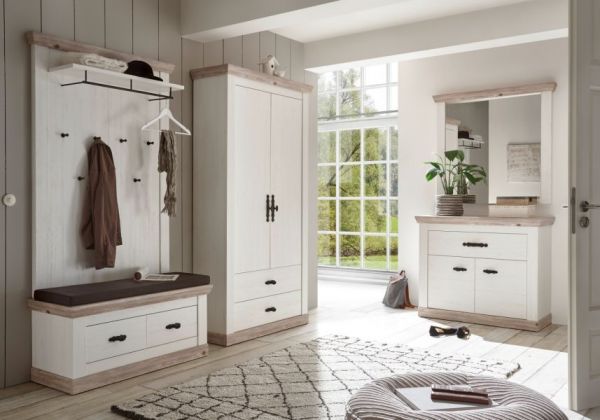 Garderobe Sitzbank Rovola in Pinie wei� / Oslo Pinie Landhaus Garderobenbank 107 x 48 cm