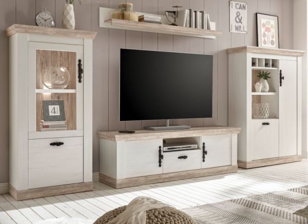 Wohnwand Rovola in Pinie wei� / Oslo Pinie Landhaus Schrankwand 4-teilig 352 x 170 cm