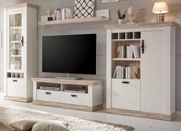 Wohnwand Rovola in Pinie wei� / Oslo Pinie Landhaus Schrankwand 4-teilig 330 x 201 cm