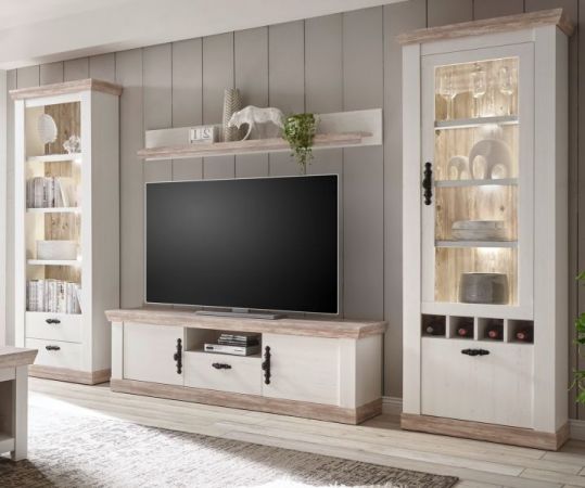 Wohnwand Rovola in Pinie wei� / Oslo Pinie Landhaus Schrankwand 4-teilig 320 x 201 cm