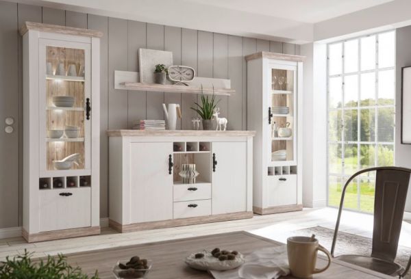 Wohnwand Rovola in Pinie wei� / Oslo Pinie Landhaus Schrankwand 4-teilig 330 x 201 cm