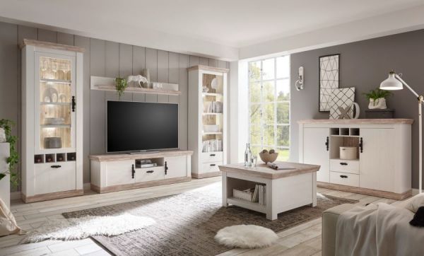 Vitrine Rovola in Pinie wei� / Oslo Pinie Landhaus Vitrinenschrank mit Weinregal 71 x 201 cm