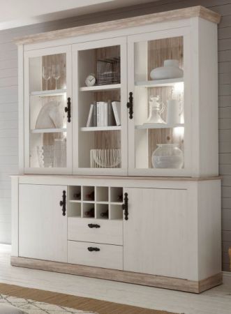 Buffetschrank Rovola in Pinie wei� / Oslo Pinie Landhaus Vitrinenschrank mit Weinregal 184 x 205 cm