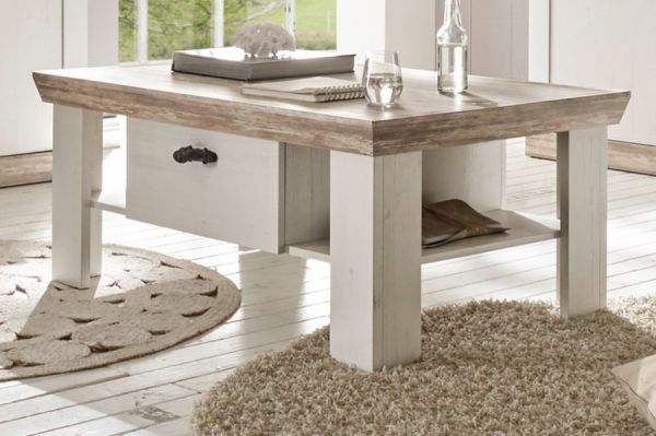 Couchtisch Rovola in Pinie wei� / Oslo Pinie Landhaus Beistelltisch mit Ablage und 2 x Schubkasten 109 x 69 cm