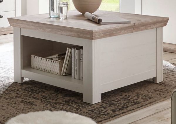 Couchtisch Rovola in Pinie wei� / Oslo Pinie Landhaus Beistelltisch mit Truhe und Ablage 86 x 86 cm quadratisch
