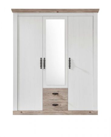 Kleiderschrank Rovola in Pinie wei� / Oslo Pinie Landhaus Dreht�renschrank 3-t�rig mit Spiegel 169 x 201 cm