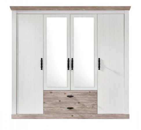 Kleiderschrank Rovola in Pinie wei� / Oslo Pinie Landhaus Dreht�renschrank 4-t�rig mit Spiegel 217 x 201 cm