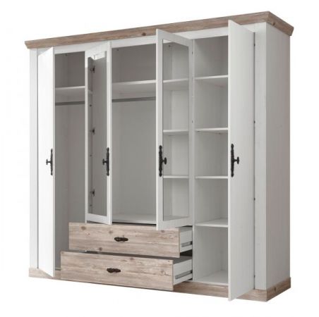 Kleiderschrank Rovola in Pinie wei� / Oslo Pinie Landhaus Dreht�renschrank 4-t�rig mit Spiegel 217 x 201 cm