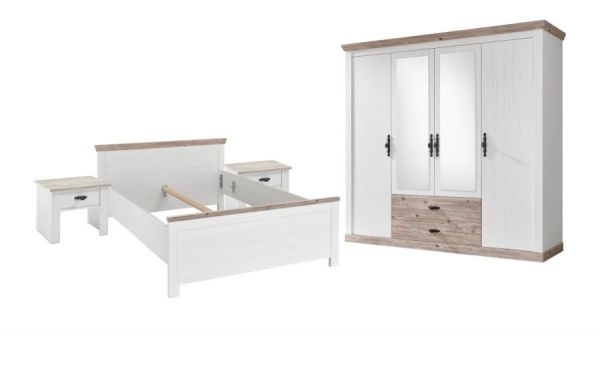 Schlafzimmer komplett Rovola in Pinie wei� / Oslo Pinie Landhaus Komplettzimmer mit Bett, Kleiderschrank und 2 x Nachttisch