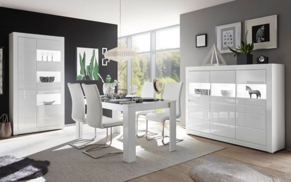 Highboard Nobile in wei� Hochglanz und Stone Design grau 164 x 131 cm