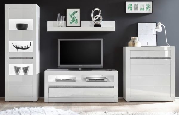 Wohnwand Nobile in Hochglanz wei� und Stone Design grau Anbauwand 4-teilig 336 x 198 cm