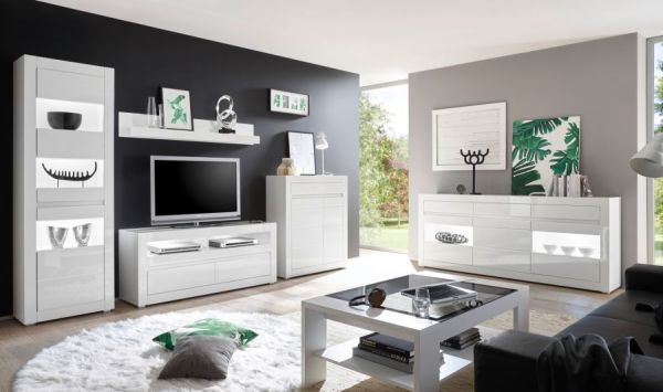 Wohnwand Nobile in Hochglanz wei� und Stone Design grau Anbauwand 4-teilig 336 x 198 cm