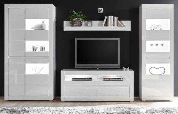 Wohnwand Nobile in Hochglanz wei� und Stone Design grau Anbauwand 4-teilig 336 x 198 cm