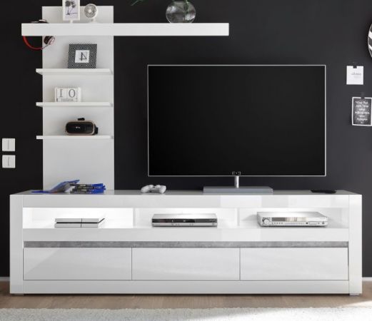 Wohnwand 2-tlg. Nobile in Hochglanz wei� und Stone Design grau TV-Lowboard und Wandregal 217 x 163 cm