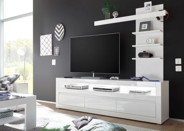 Wohnwand 2-tlg. Nobile in Hochglanz wei� und Stone Design grau TV-Lowboard und Wandregal 217 x 163 cm