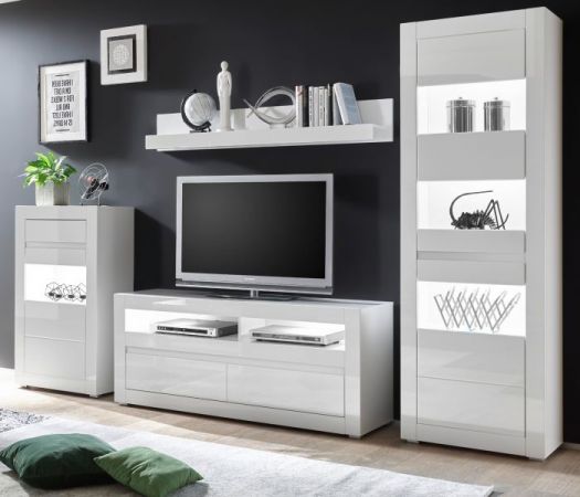 Wohnwand Nobile in Hochglanz wei� und Stone Design grau Anbauwand 4-teilig 302 x 198 cm