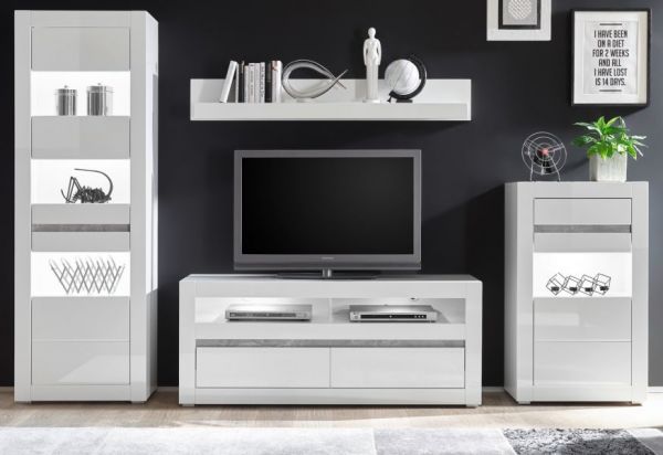Wohnwand Nobile in Hochglanz wei� und Stone Design grau Anbauwand 4-teilig 302 x 198 cm