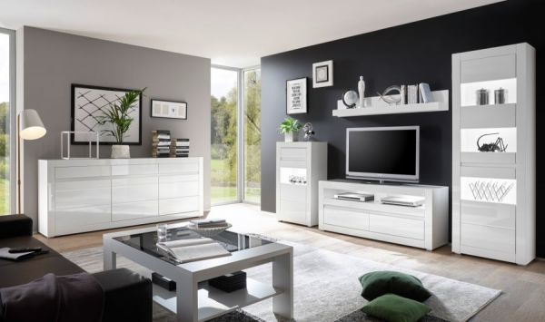 Wohnwand Nobile in Hochglanz wei� und Stone Design grau Anbauwand 4-teilig 302 x 198 cm