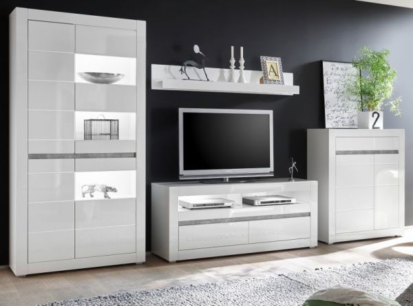 Wohnwand Nobile in Hochglanz wei� und Stone Design grau Anbauwand 4-teilig 370 x 198 cm