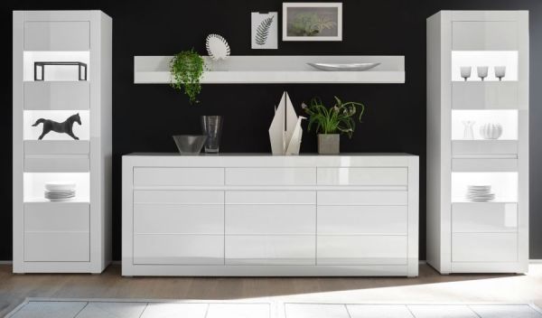 Wohnwand Nobile in Hochglanz wei� und Stone Design grau Anbauwand 4-teilig 369 x 198 cm