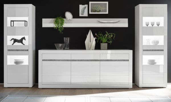 Wohnwand Nobile in Hochglanz wei� und Stone Design grau Anbauwand 4-teilig 369 x 198 cm