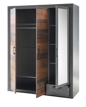Kleiderschrank Ward in Old Used Wood Shabby Design mit Matera grau Dreht�renschrank 3-t�rig mit Spiegel 150 x 201 cm