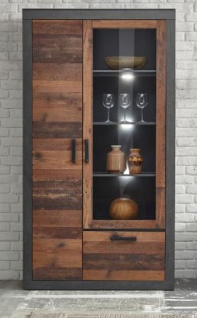 Vitrine Ward in Old Used Wood Shabby Design mit Matera grau Vitrinenschrank 97 x 201 cm