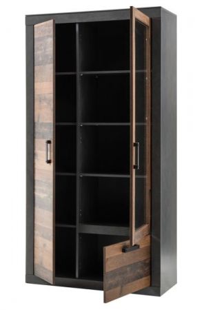 Vitrine Ward in Old Used Wood Shabby Design mit Matera grau Vitrinenschrank 97 x 201 cm
