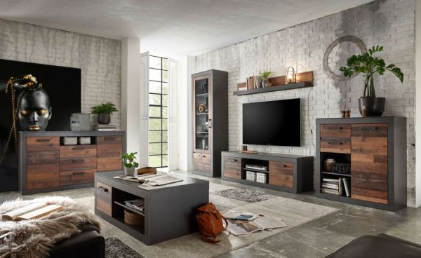 Wohnwand Ward in Old Used Wood Shabby Design mit Matera grau Schrankwand 3-teilig 255 cm