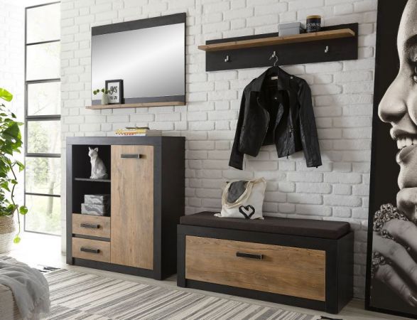 Garderobe Sitzbank Beveren in Kastanie und Fresco grau Garderobenbank und Schuhschrank 107 x 43 cm