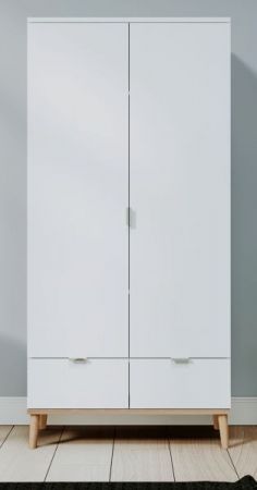 Kleiderschrank Lundby in matt wei� mit Sonoma Eiche massiv Dreht�renschrank 2-t�rig skandinavisch 90 x 180 cm