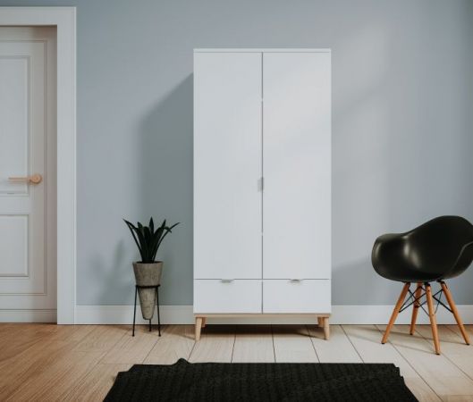Kleiderschrank Lundby in matt wei� mit Sonoma Eiche massiv Dreht�renschrank 2-t�rig skandinavisch 90 x 180 cm