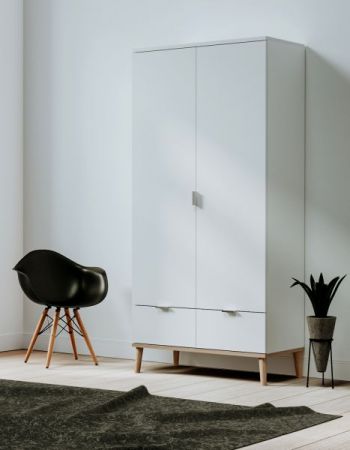 Kleiderschrank Lundby in matt wei� mit Sonoma Eiche massiv Dreht�renschrank 2-t�rig skandinavisch 90 x 180 cm