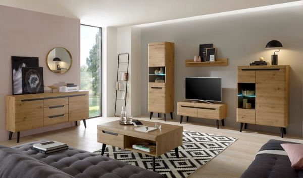 Wohnwand Ronson in Artisan Eiche und schwarz Wohnkombination 4-teilig skandinavisch 290 x 197 cm