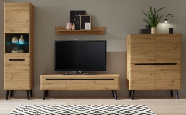 Wohnwand Ronson in Artisan Eiche und schwarz Wohnkombination 4-teilig skandinavisch 360 x 197 cm