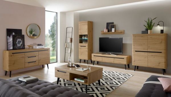 Wohnwand Ronson in Artisan Eiche und schwarz Wohnkombination 3-teilig skandinavisch 287 x 170 cm