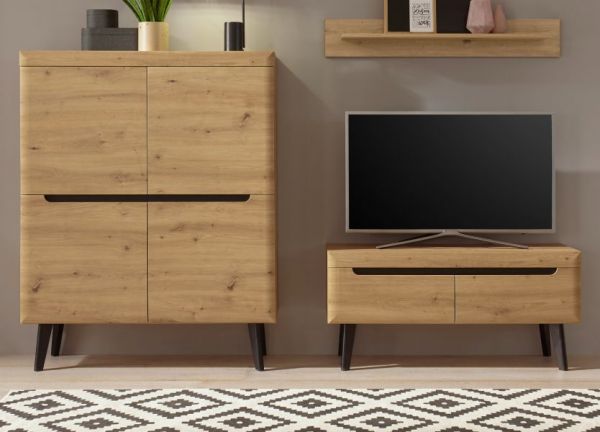 Wohnwand Ronson in Artisan Eiche und schwarz Wohnkombination 3-teilig skandinavisch 234 x 170 cm