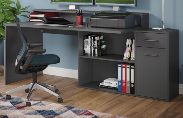 Schreibtisch Sektor dunklem Grau / Anthrazit,  mit Stauraum und 4 Stellvarianten 160 - 200 x 92 cm
