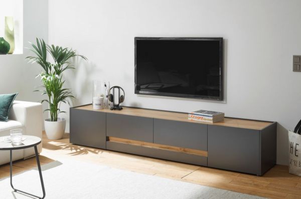 TV-Lowboard Center in Grau und Wotan Eiche,  223 x 40 cm gro�er TV Unterschrank