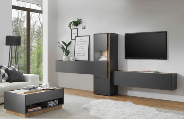 TV-Lowboard Center in grau matt und Wotan Eiche TV-Unterteil h�ngend 150 x 35 cm H�ngeschrank