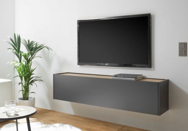 TV-Lowboard Center in grau matt und Wotan Eiche TV-Unterteil h�ngend 150 x 35 cm H�ngeschrank