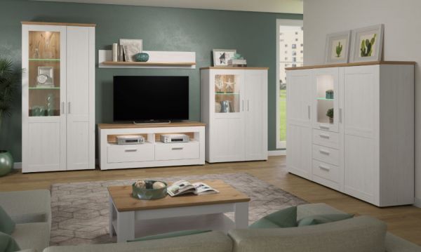 TV-Lowboard Timber in Andersen Pinie wei� und Artisan Eiche Landhaus TV-Unterteil mit Komforth�he 148 x 59 cm