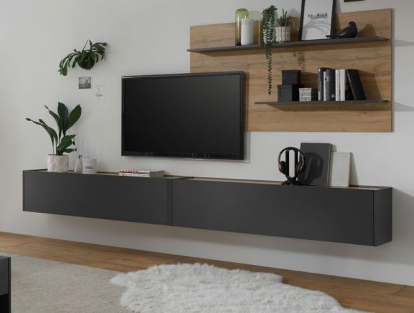 Wandpaneel Center in grau matt und Wotan Eiche H�ngeregal 155 x 80 cm
