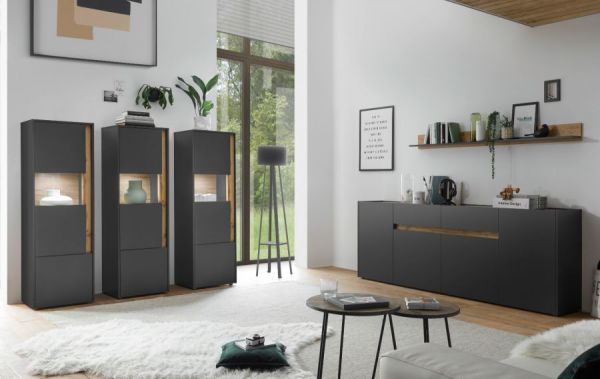 Wohnwand Center in grau matt und Wotan Eiche 5-teilig mit XXL TV-Board 340 x 180 cm