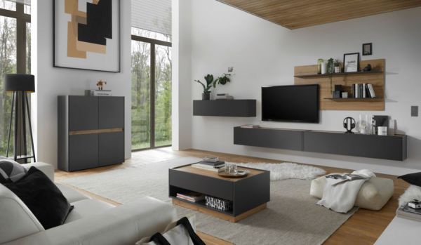 Wohnwand Center in grau matt und Wotan Eiche 4-teilig 400 x 180 cm mit XXL-TV-Schrank