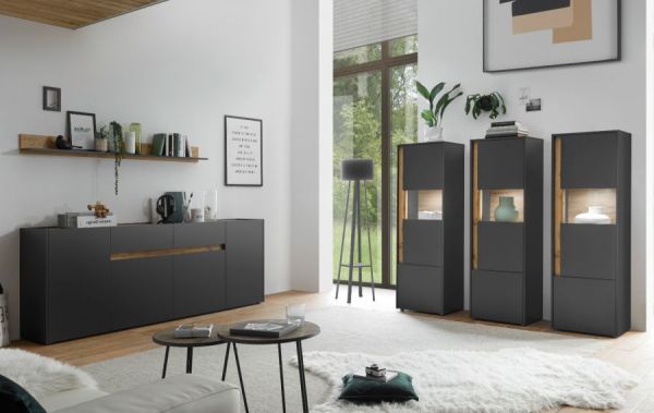 Wohnwand Center in grau matt und Wotan Eiche 4-teilig 400 x 180 cm mit XXL-TV-Schrank